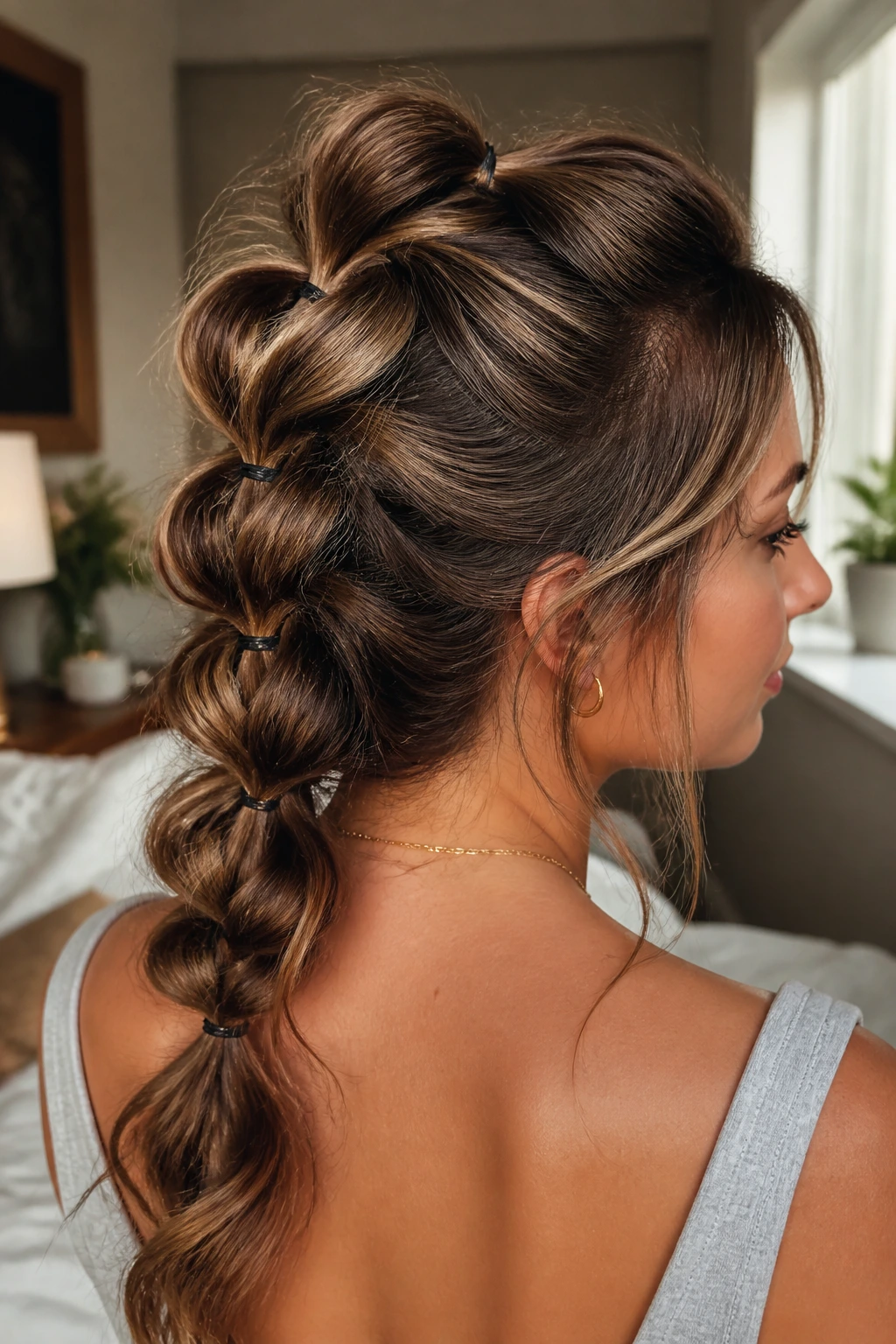 Close-up of a real woman with a knotted pull-through braid created by elastic loops along the back of her head