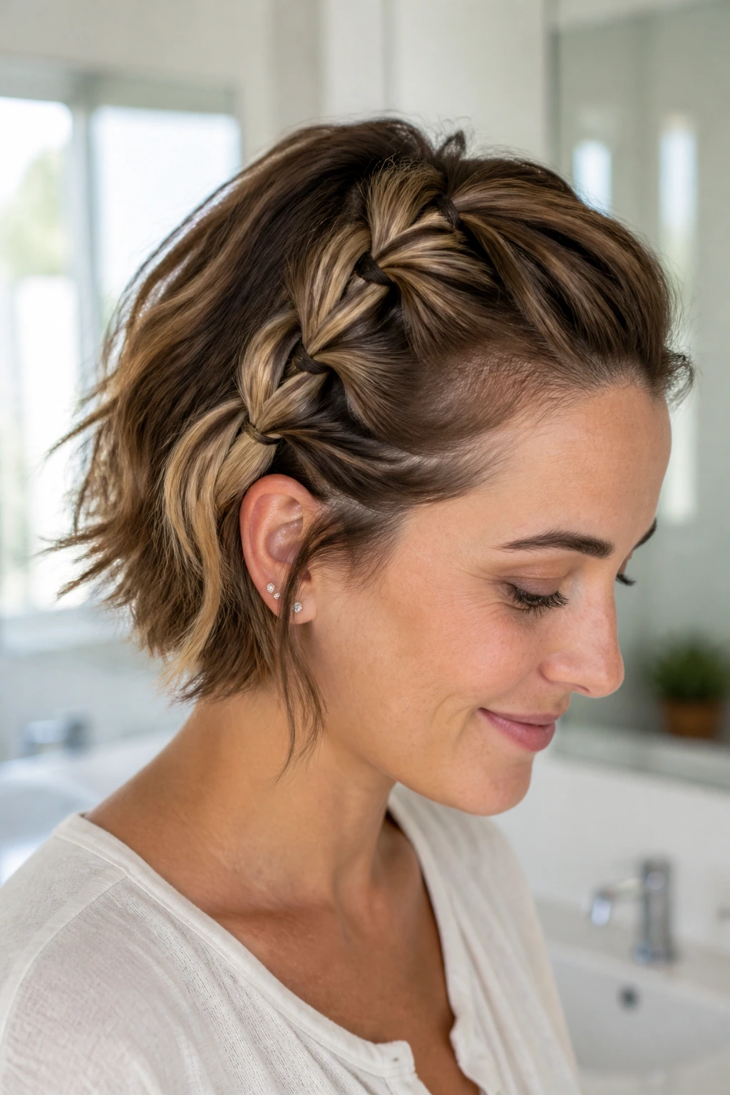 Real person showing knotted pull-through braid on short hair.