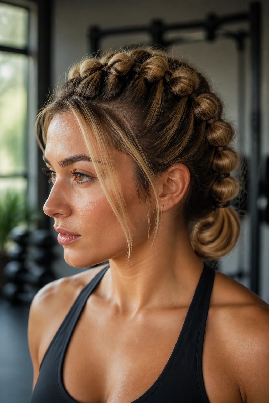 Close-up of a real person wearing the knotted pull-through hairstyle in a gym setting