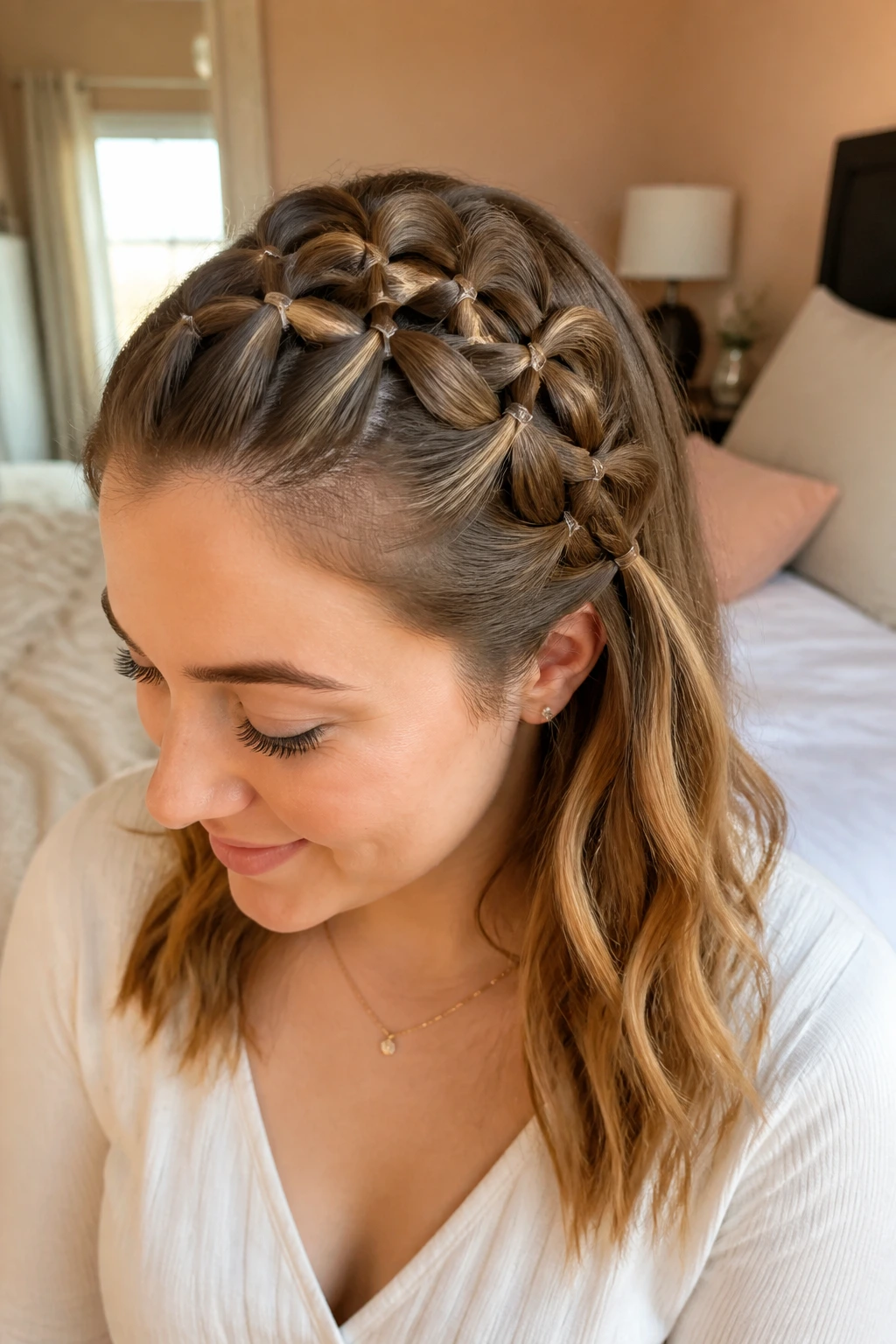 Close-up of a real woman's knotted pull-through Celtic-knot hairstyle in natural light
