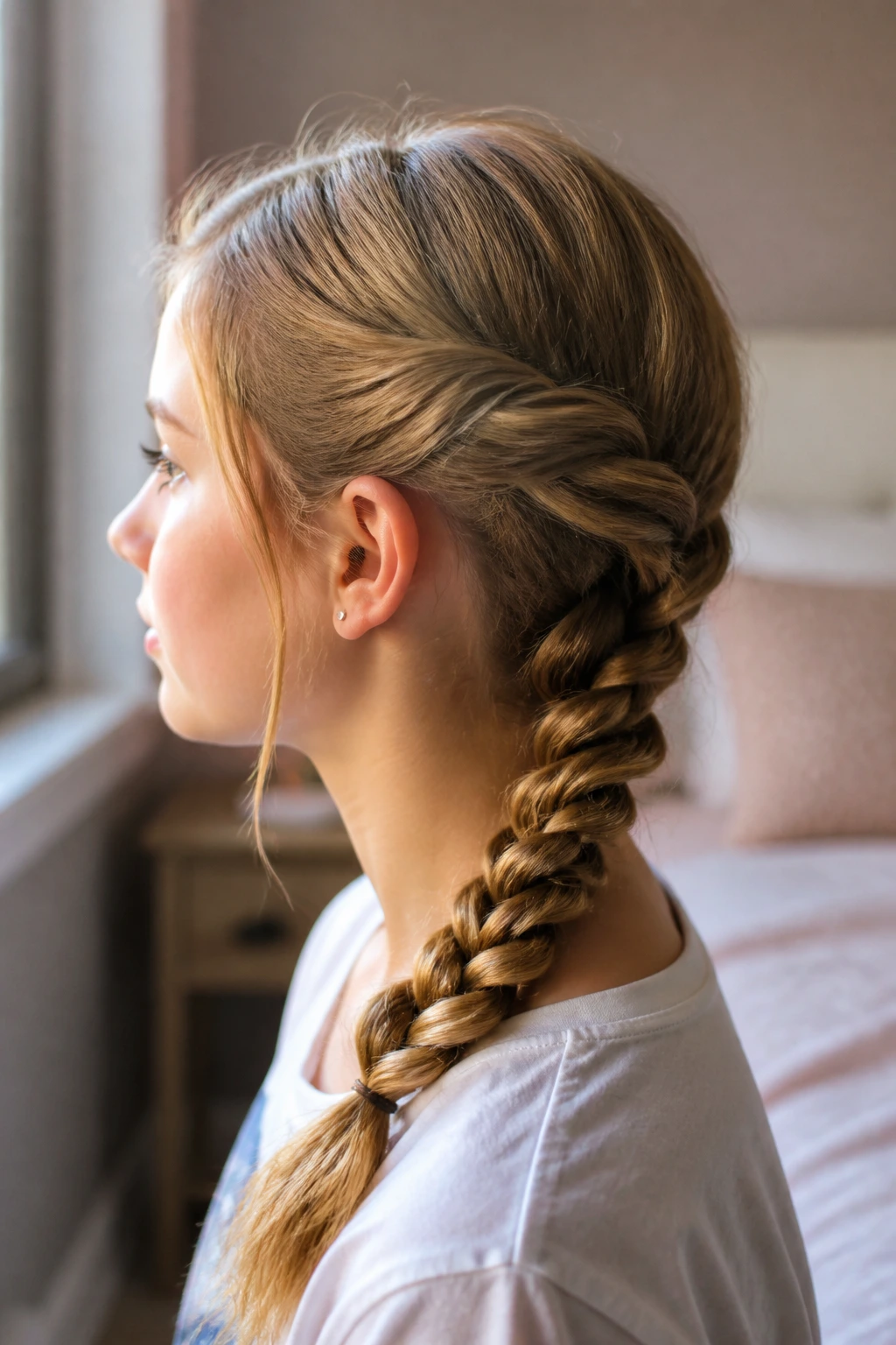 Side profile of a person with a knotted rope braid