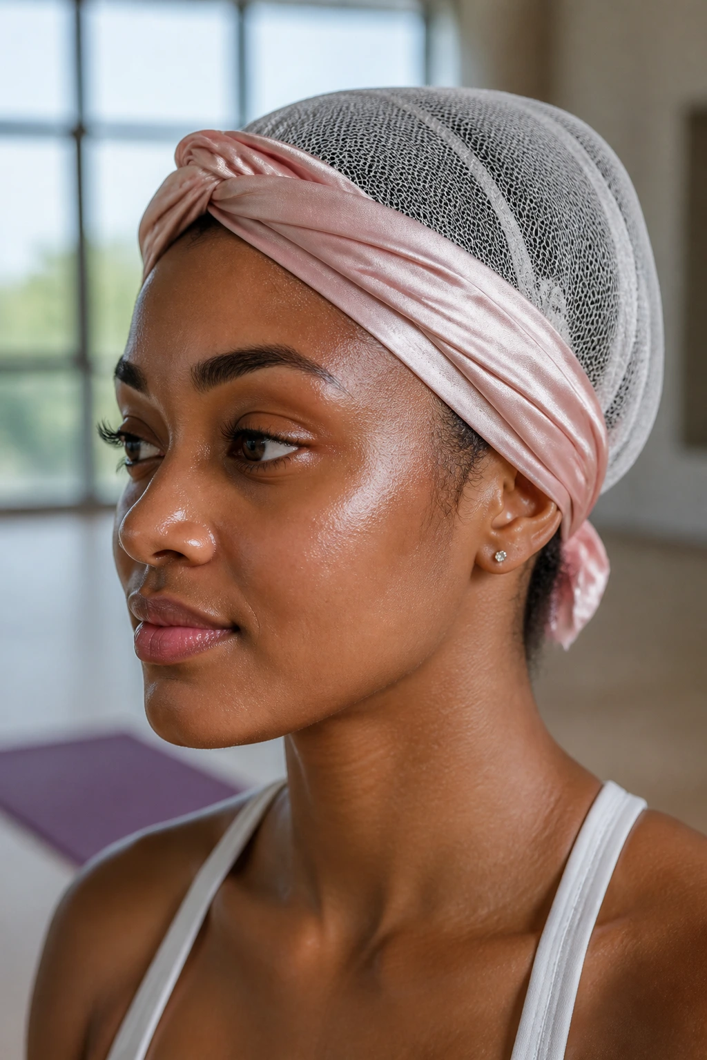 Close-up of a real woman wearing a satin scarf crown during yoga with bonnet airflow