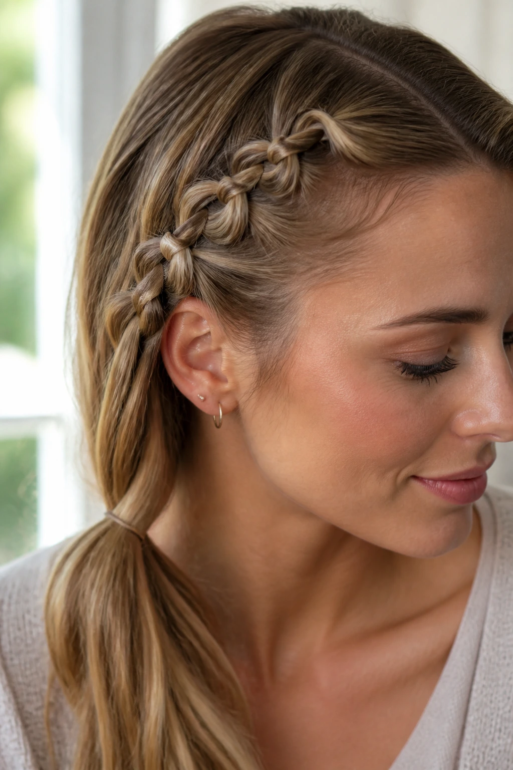Close-up of a real person with a knotted side braid along the hairline in window light