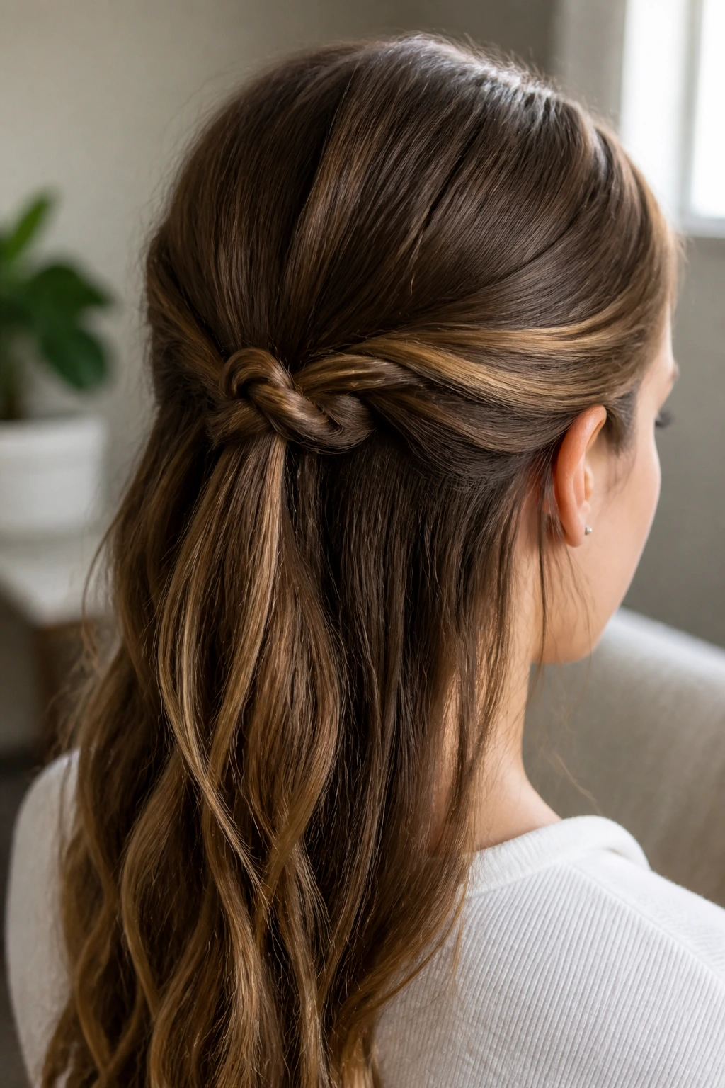 Close-up of a real woman with two loose strands knotted at the back