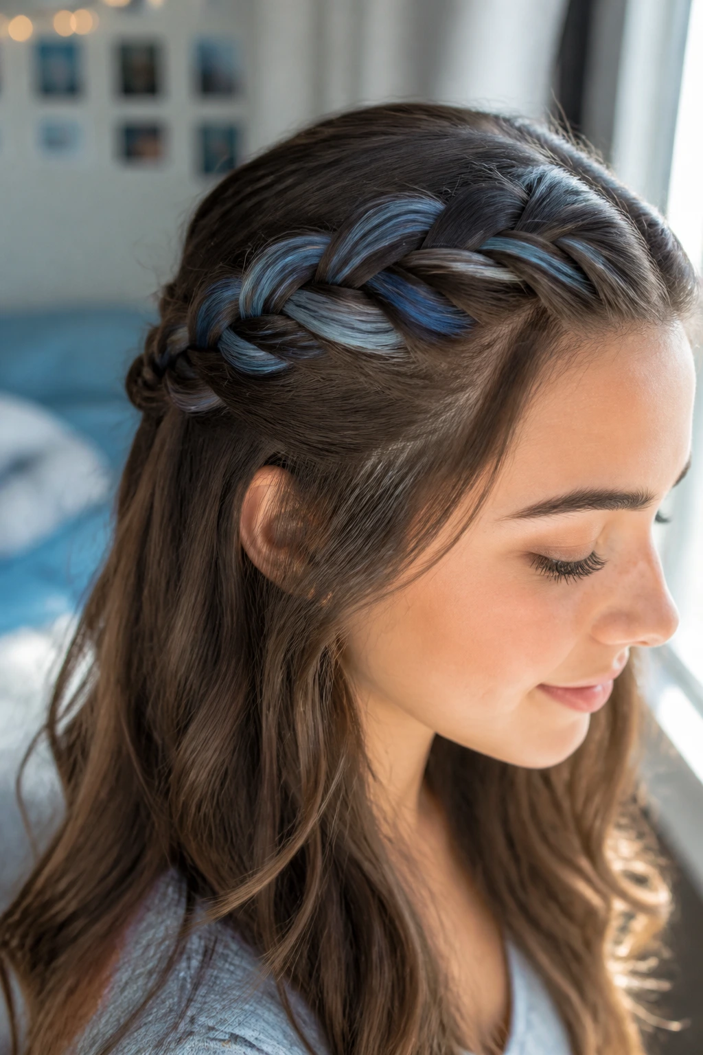 Close-up of a real woman wearing a half-up lace braid with blue balayage in a softly lit bedroom setting