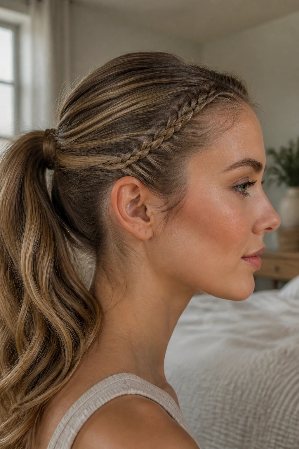 Side-profile portrait of a woman with a delicate lace braid along the hairline