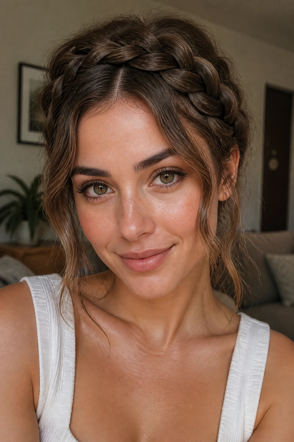 Front view of a real woman with a thick lace braid and face-framing tendrils