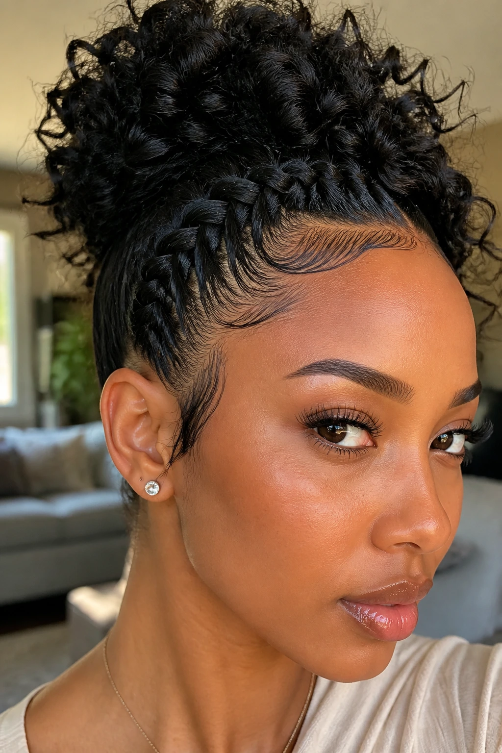 Close-up of a real woman with an upside-down lace braid sweeping upward