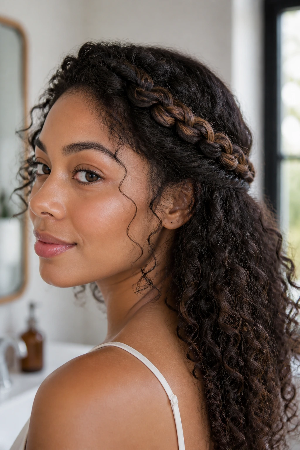 Close-up of a woman wearing a lace braid wrap around the back of her head.