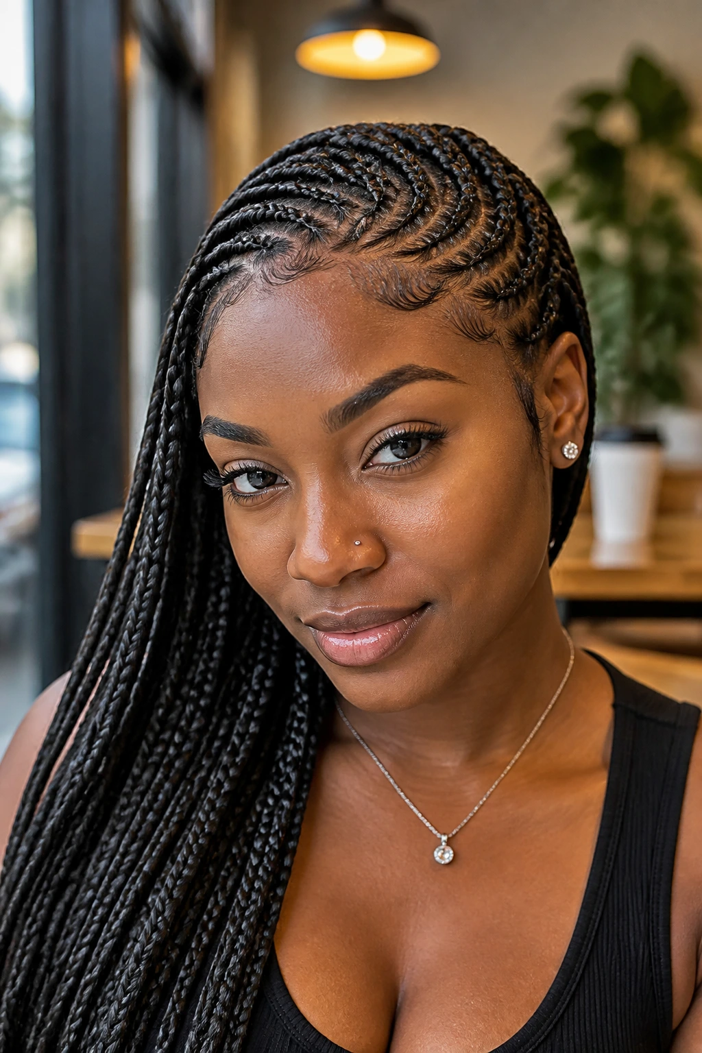Real woman with lace-front braids along hairline