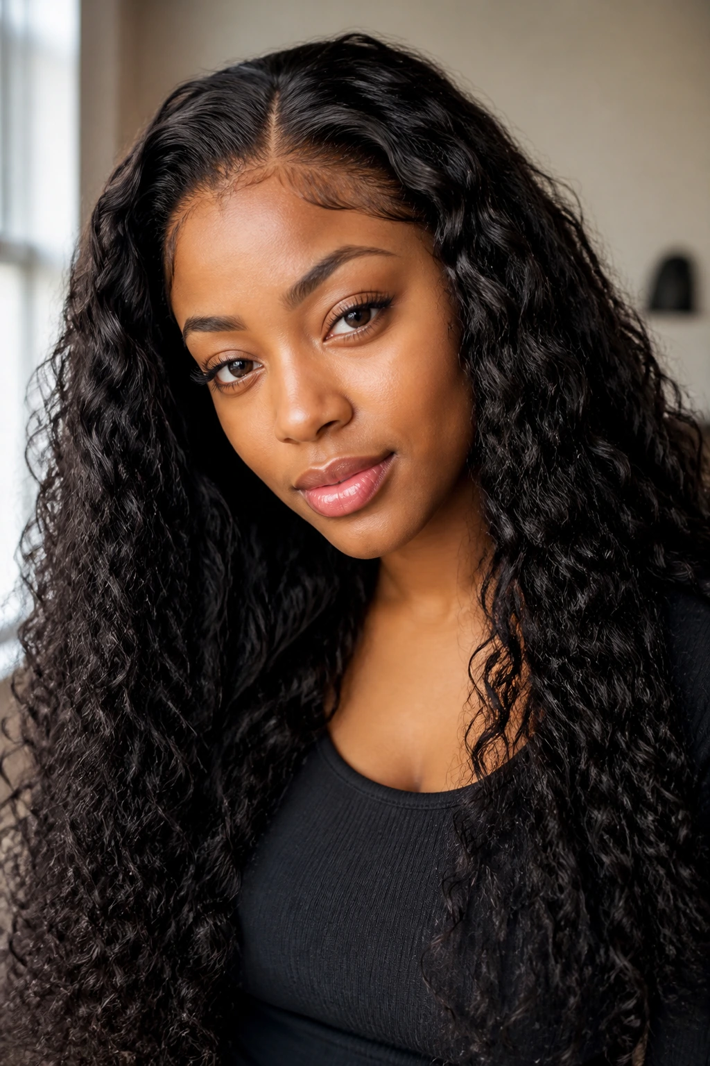 Real person with long curly hair and natural lace-front hairline