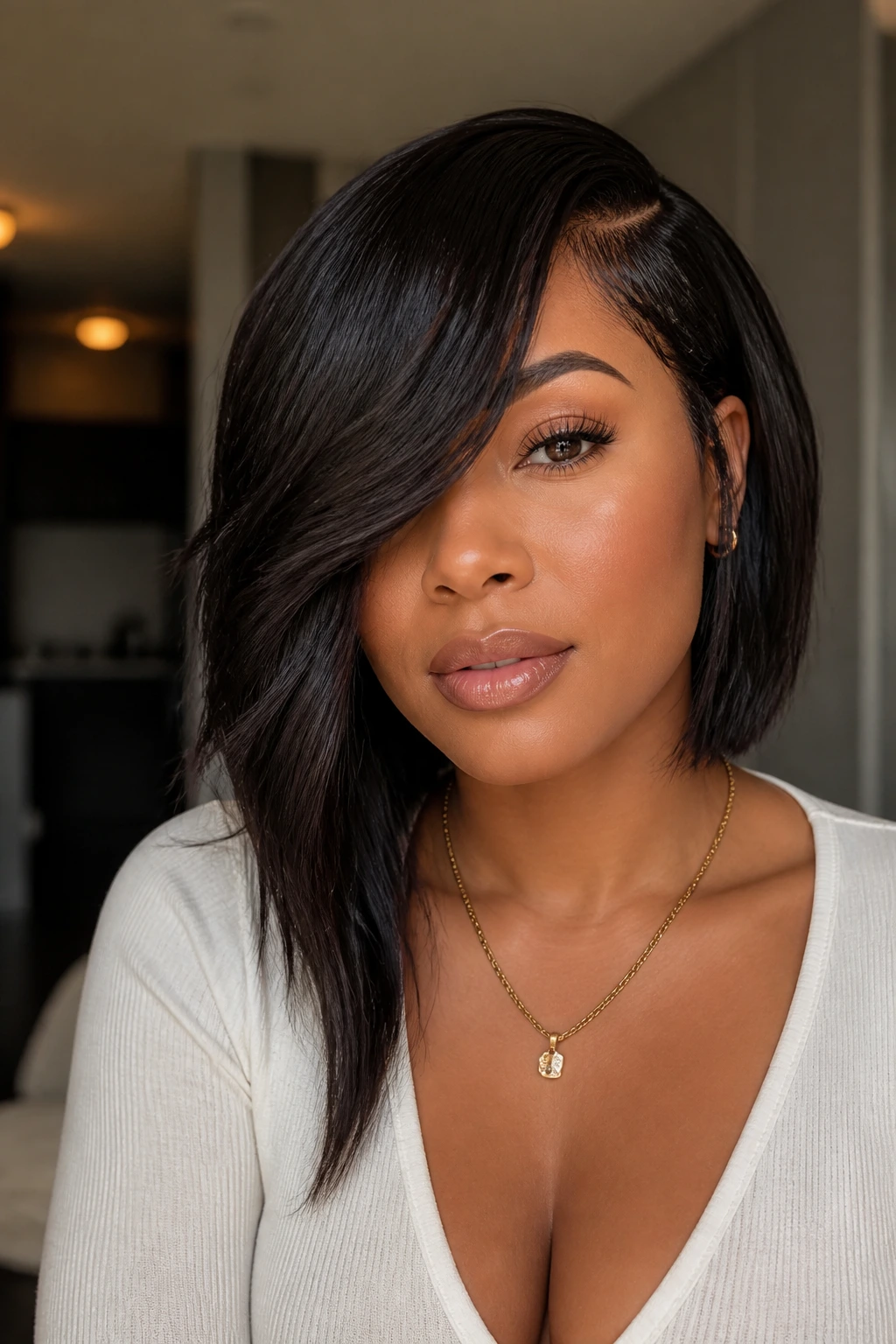 Close-up portrait of a real woman wearing an asymmetrical lob lace front with swoop bangs