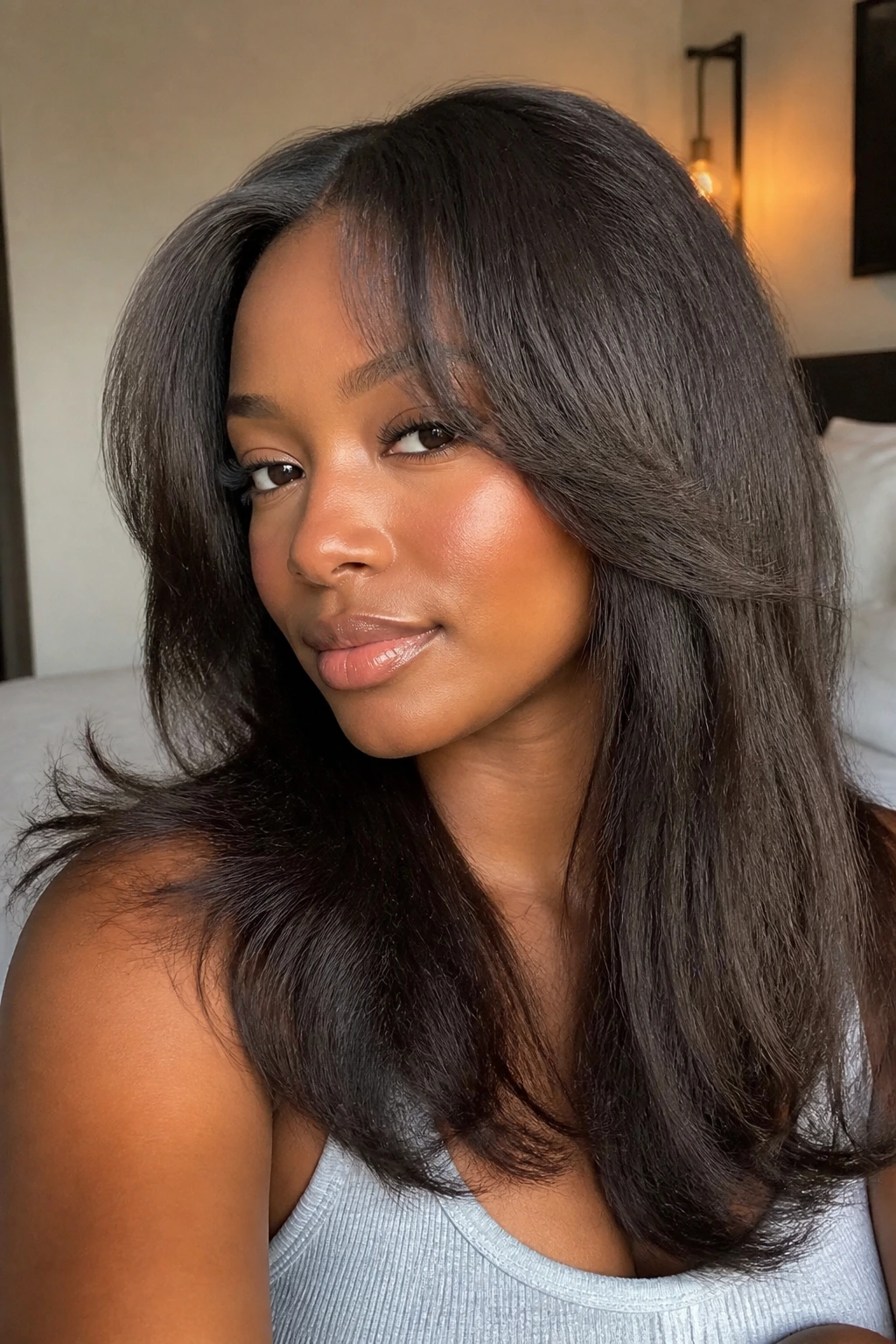 Close-up portrait of a real woman wearing a lightly textured blowout lace-front with curtain bangs