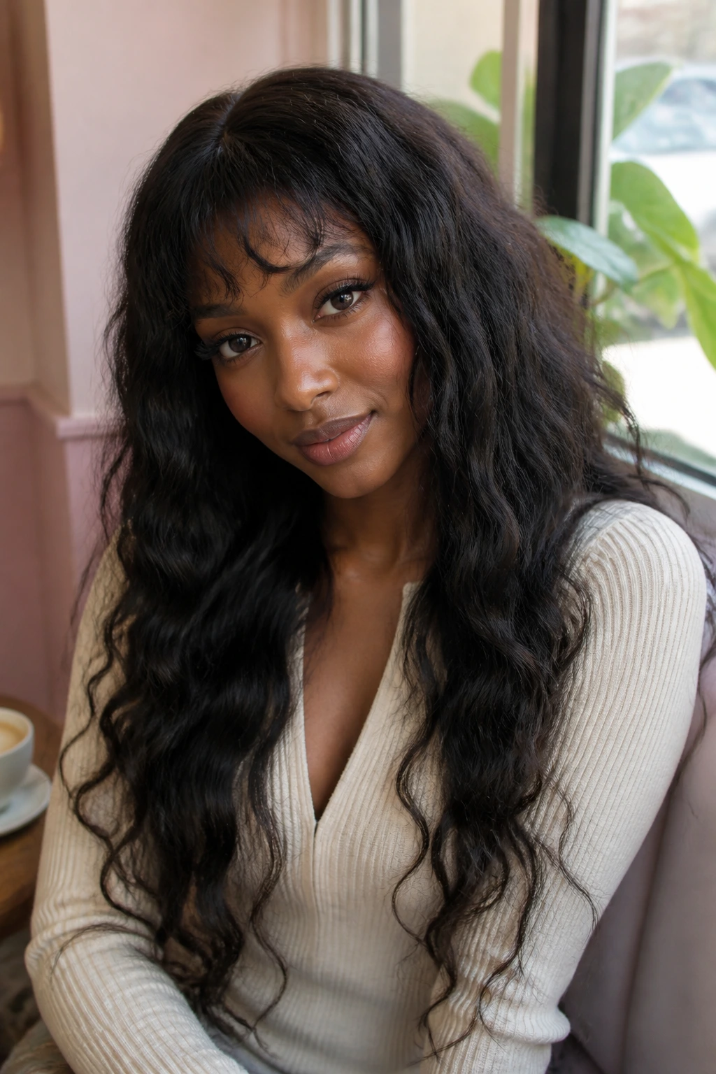 Close-up portrait of a real woman wearing long steam-permed waves with micro bangs