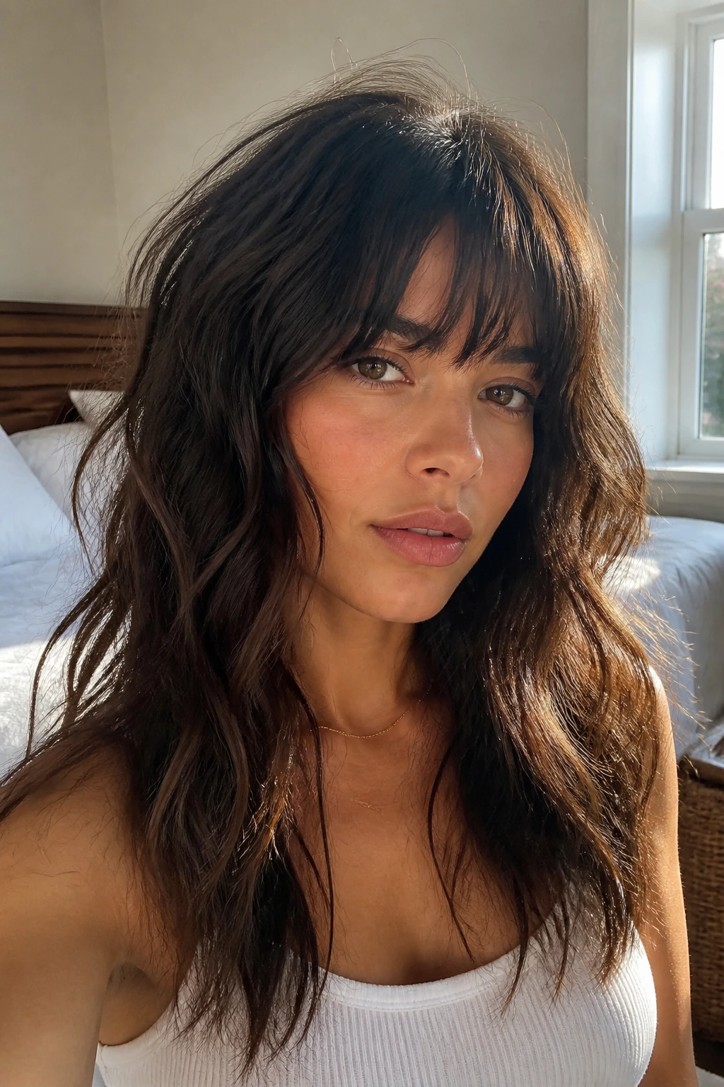 Close-up of a real woman wearing French Girl Tousled Wave Lace Front with Full Bangs under soft window light