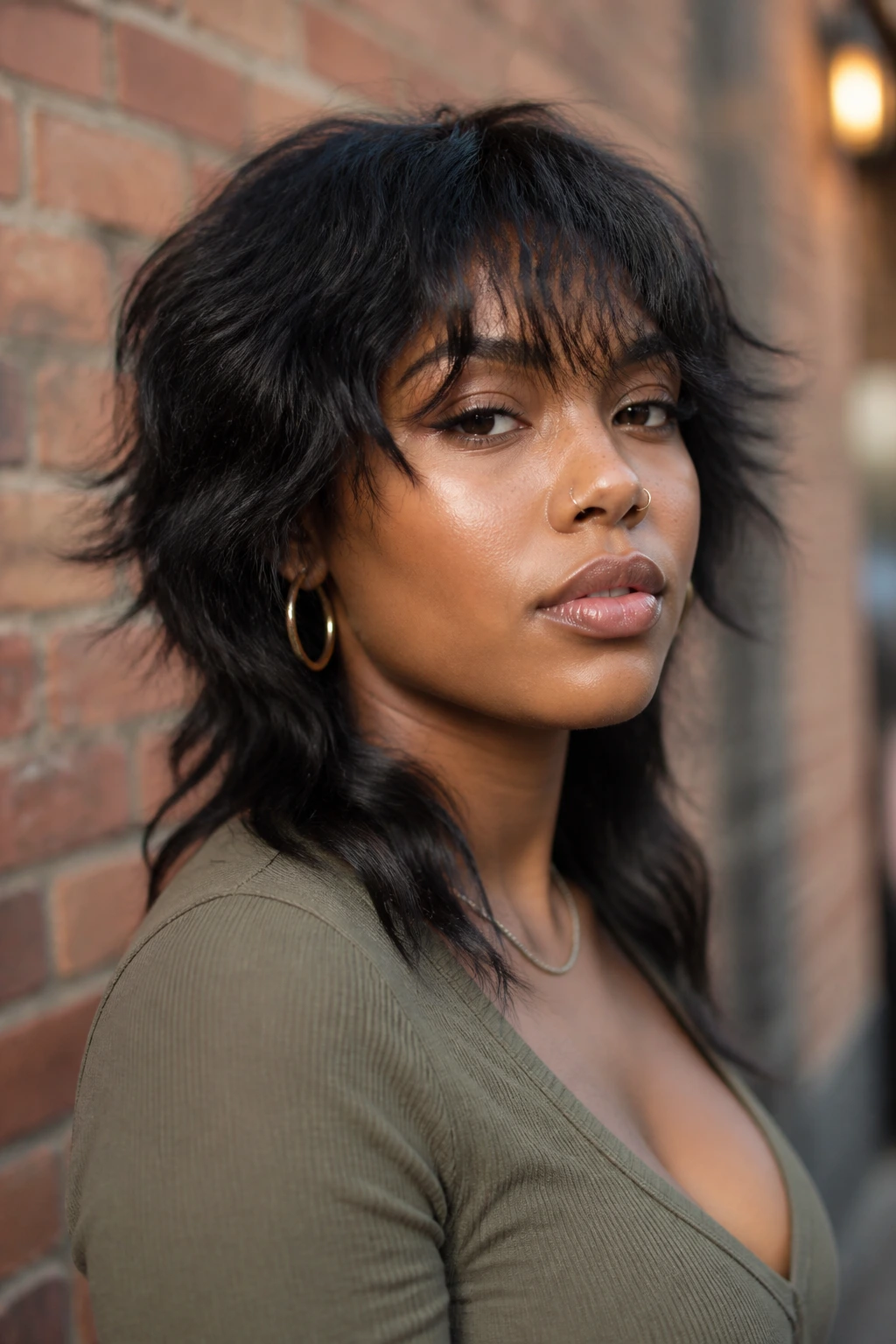 Close-up portrait of a real woman wearing a textured wolf cut lace front with wispy fringe