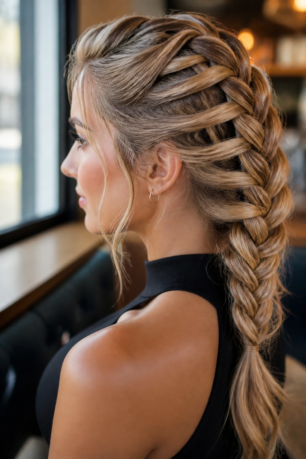 Side profile of a real woman showing ladder banana braid