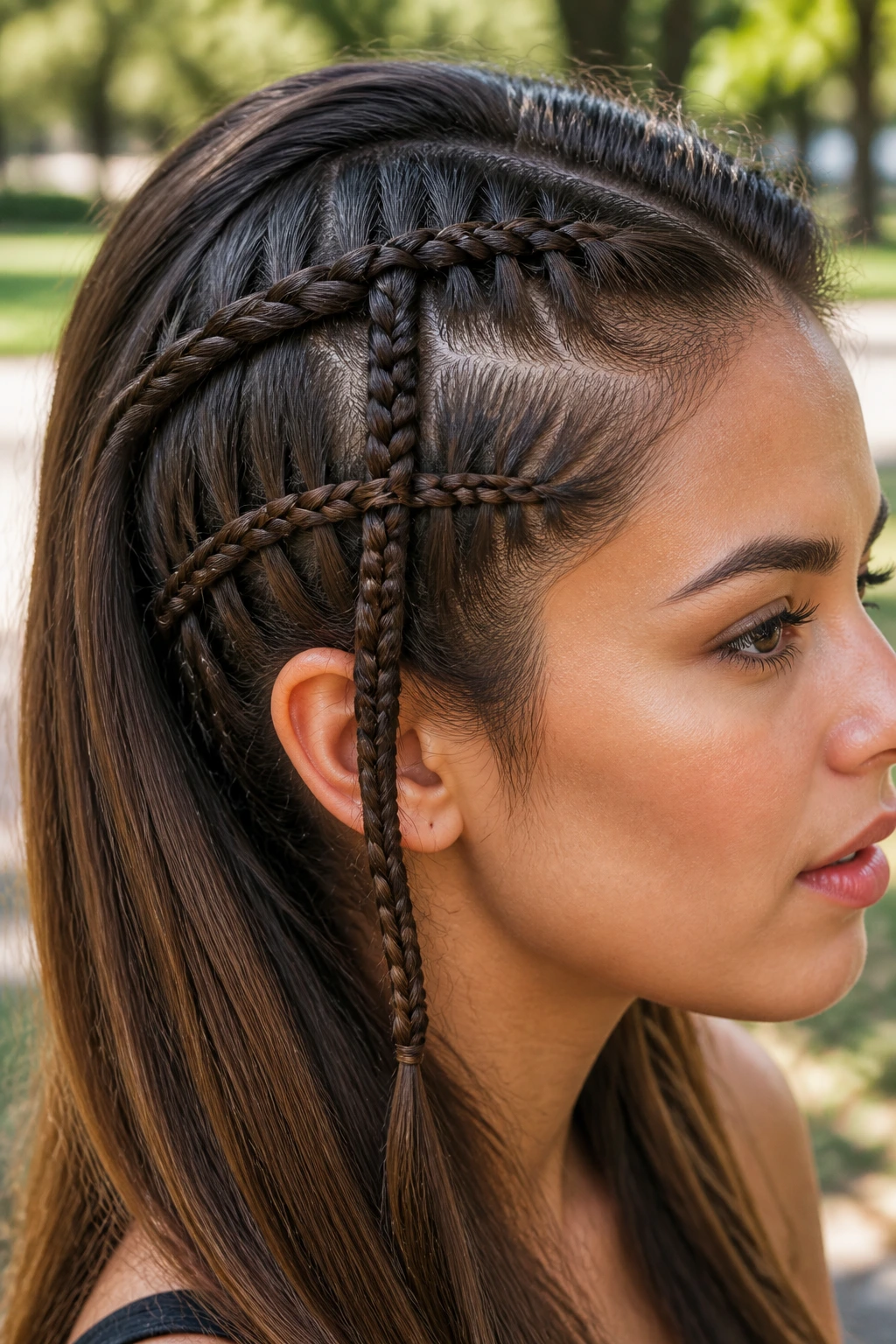 Close-up of a real woman with ladder braid intricate weaving