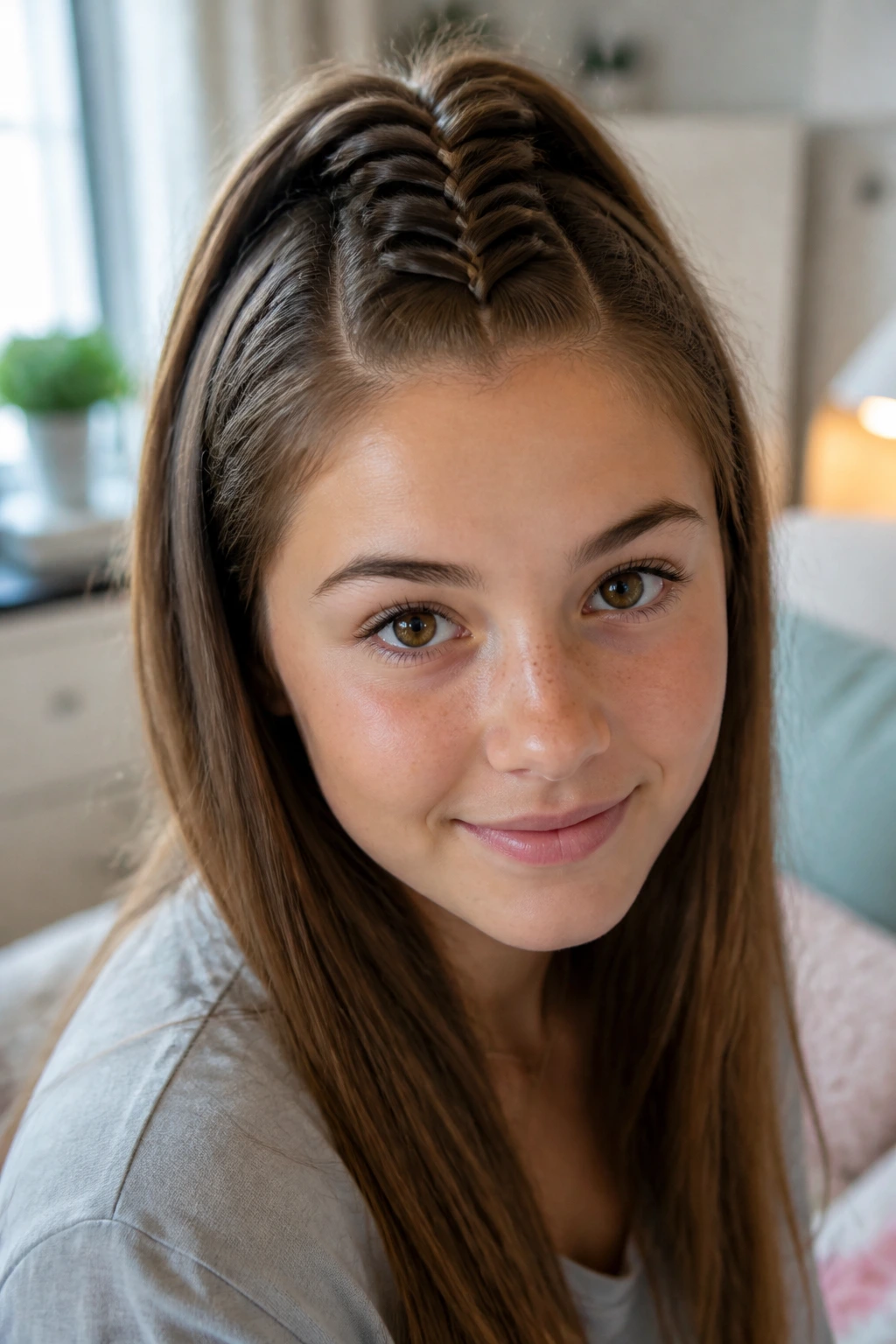 Close-up of a real person with a vertical Dutch ladder braid.