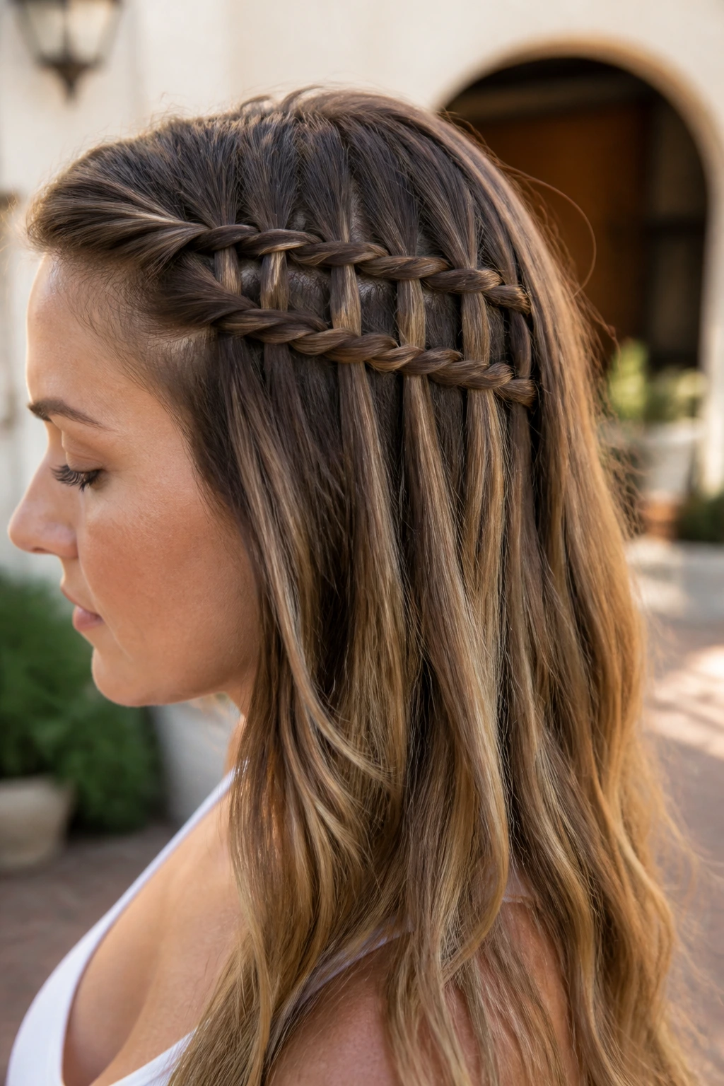 Close-up of a woman with a ladder-style braid on the side of her head outdoors
