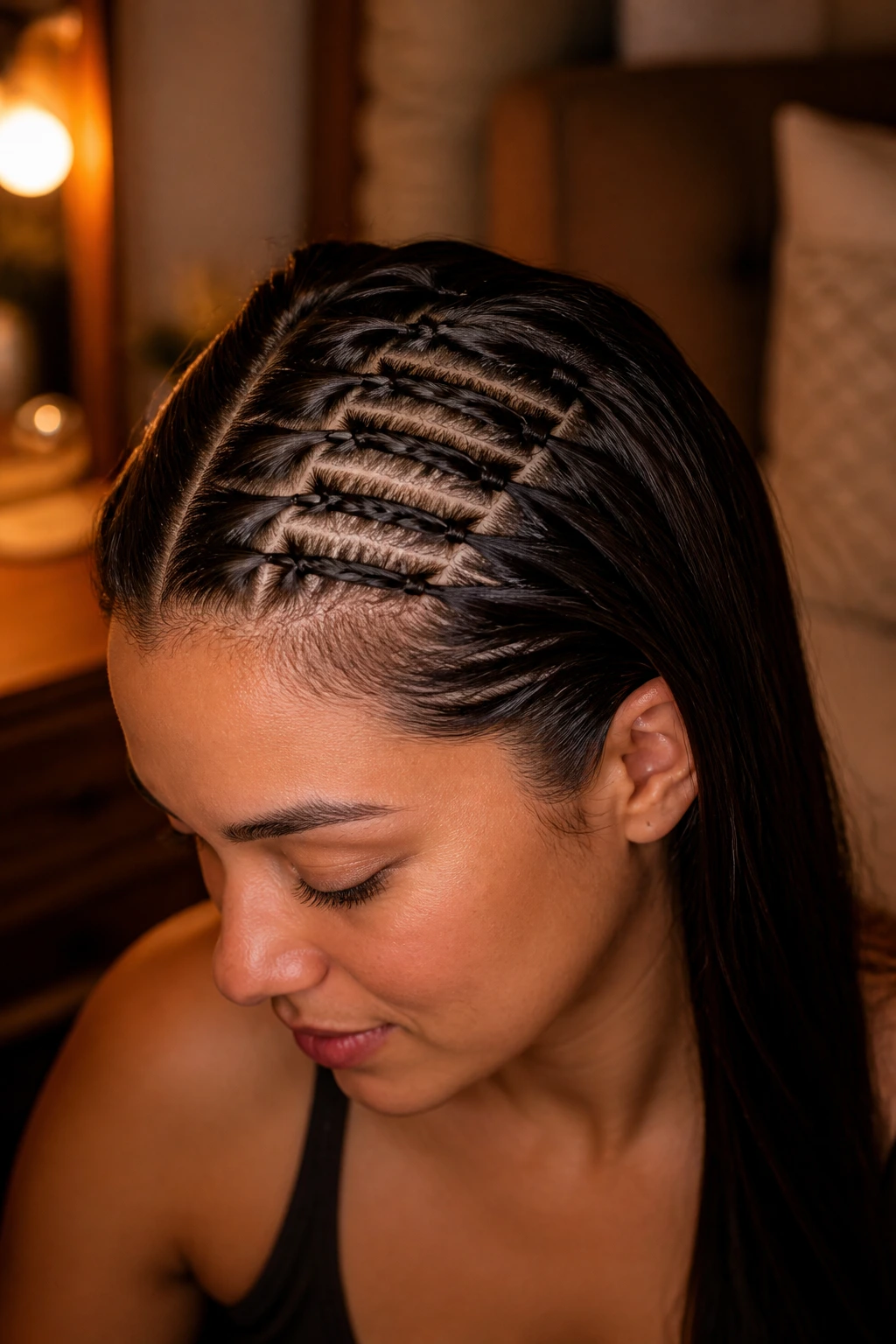 Close-up of The Ladder Invisible Braid on a real woman showing horizontal ladder braids on the scalp
