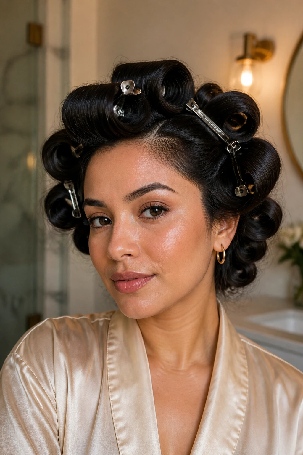 Close-up of a real Latina woman with large, loose barrel curls in a softly lit bathroom