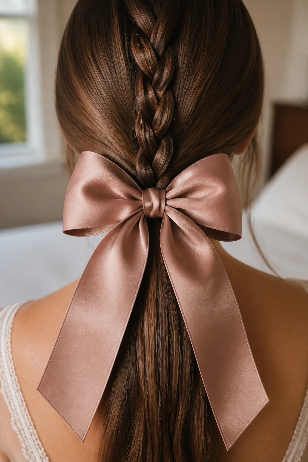 Close-up of a large satin ribbon bow pinned at the back of a straight-haired woman's head with a braid leading to the bow