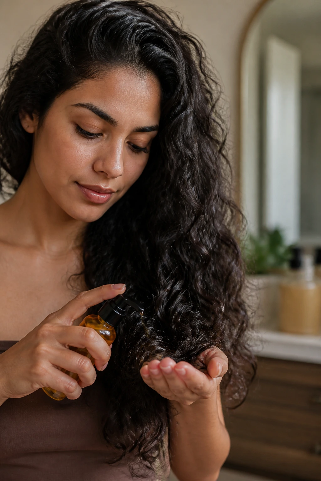 Close-up of a Latina woman applying hair oil to her ends to illustrate practical hair care tips