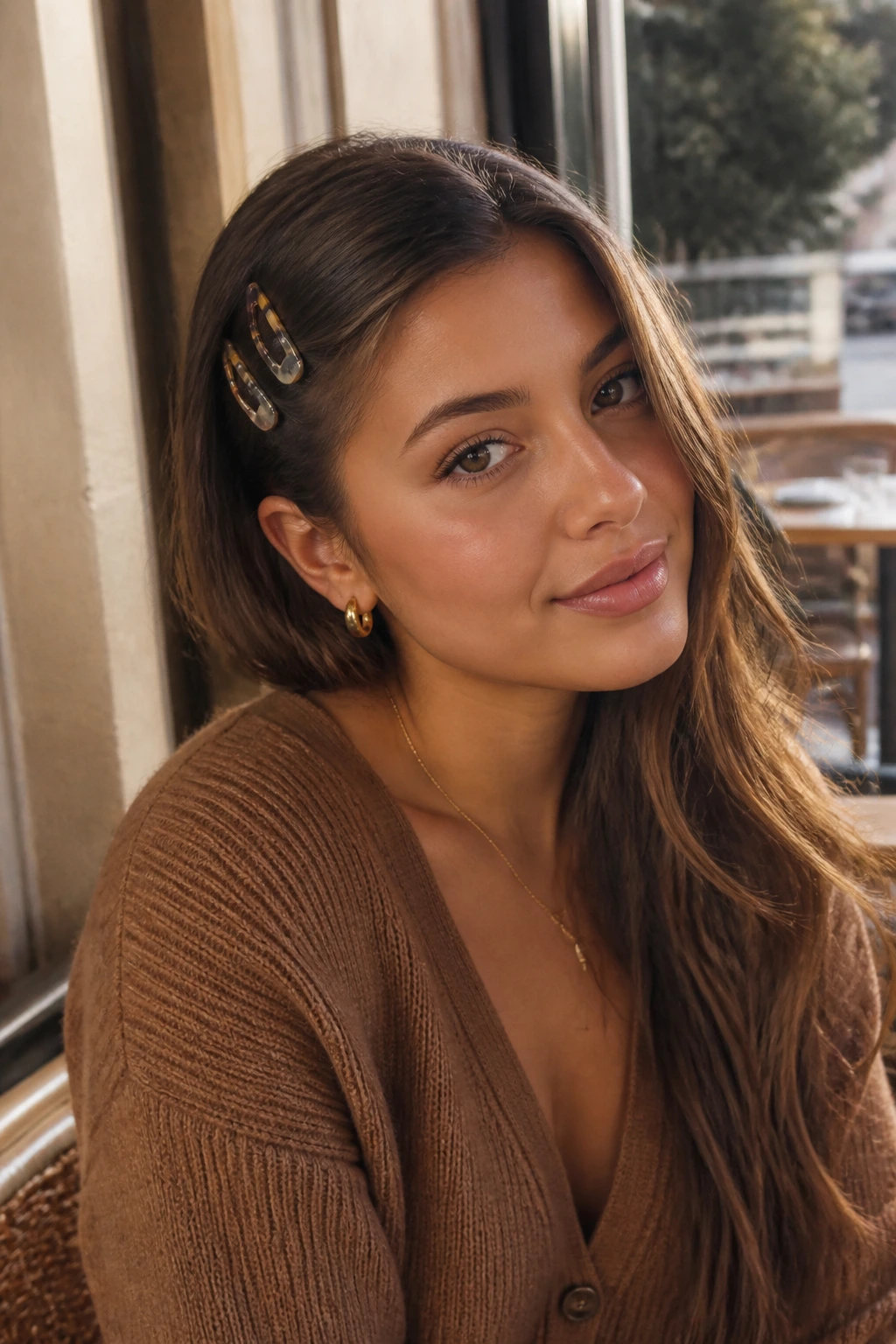 Side-clipped hair with small barrettes in cafe setting