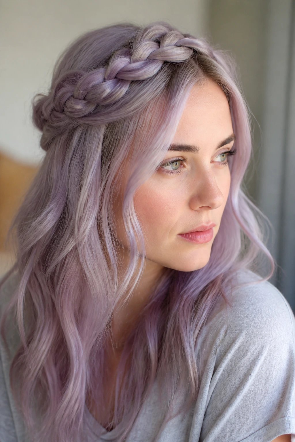 Real woman with lavender half up crown braid close up