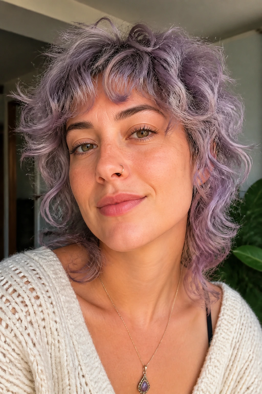 Close-up of a real woman with lavender curls in a curly shag hairstyle