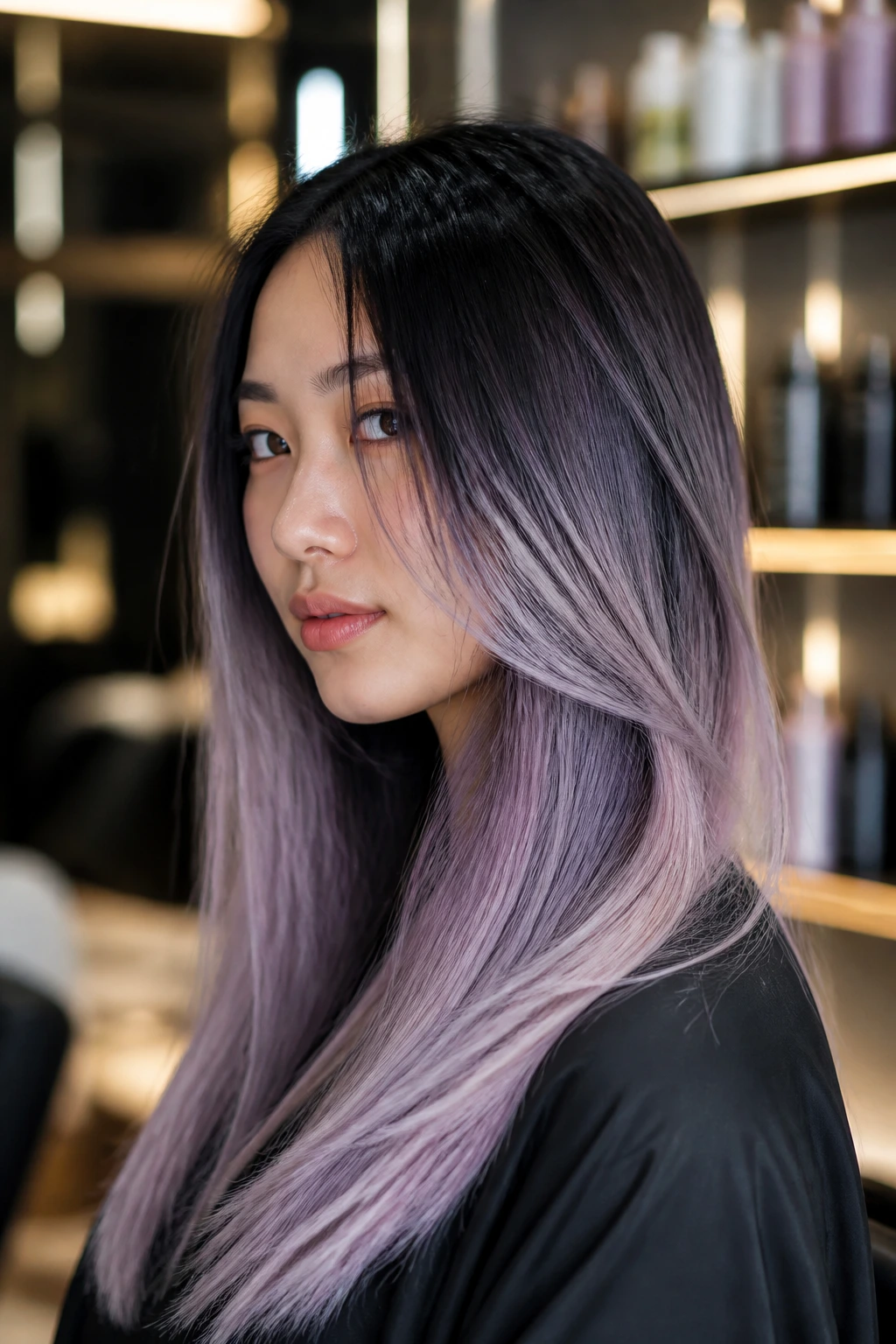 Close-up of an Asian woman with smoky lavender ombré on dark hair
