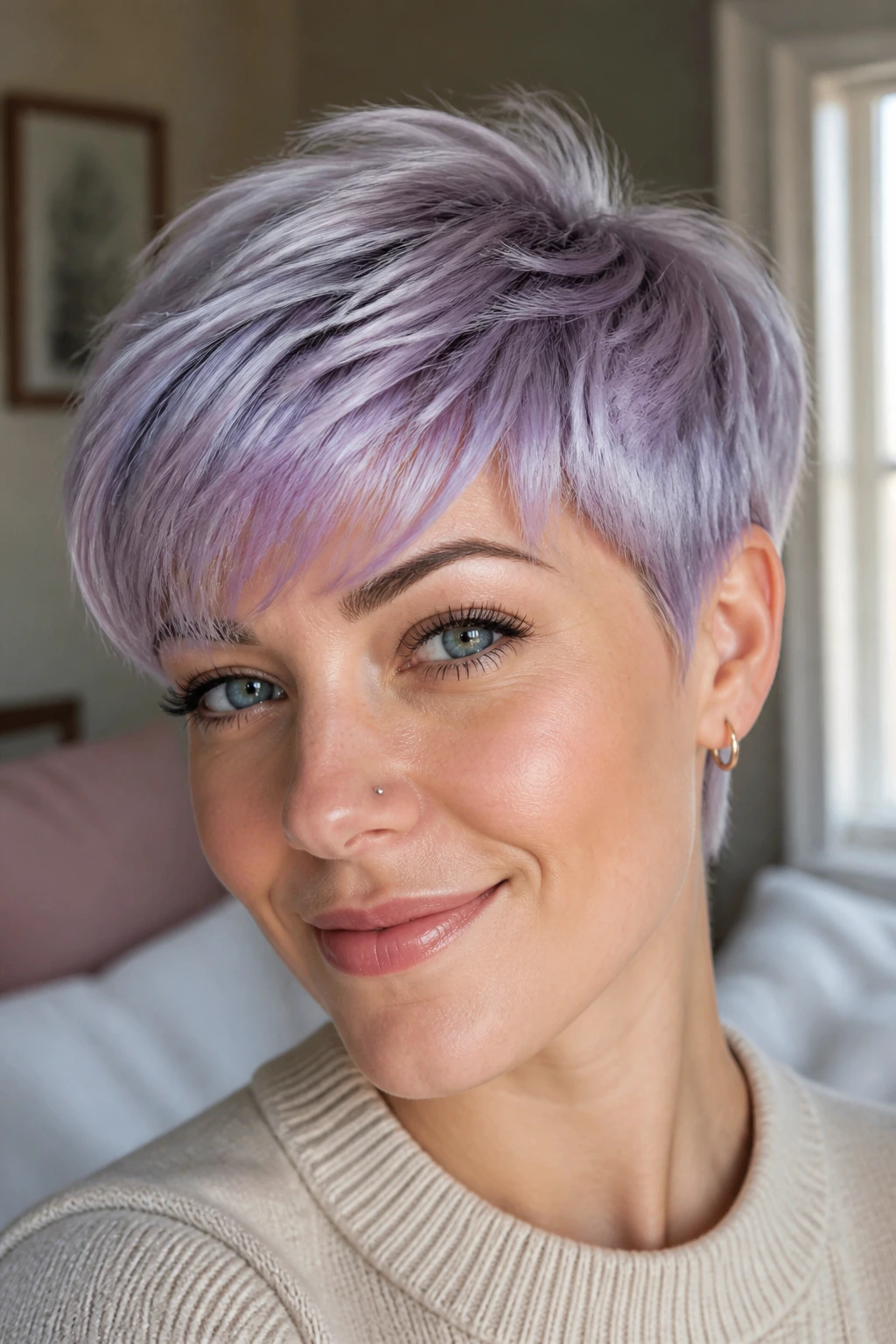 Close-up portrait of a real person with Lavender Pixie Cut with Side-Swept Bangs, pastel lavender hair.