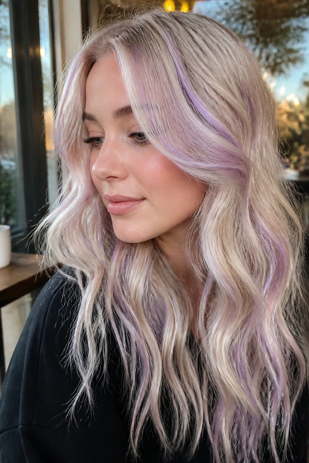 Close-up of platinum blonde waves with lavender tinsel accents framing the face.