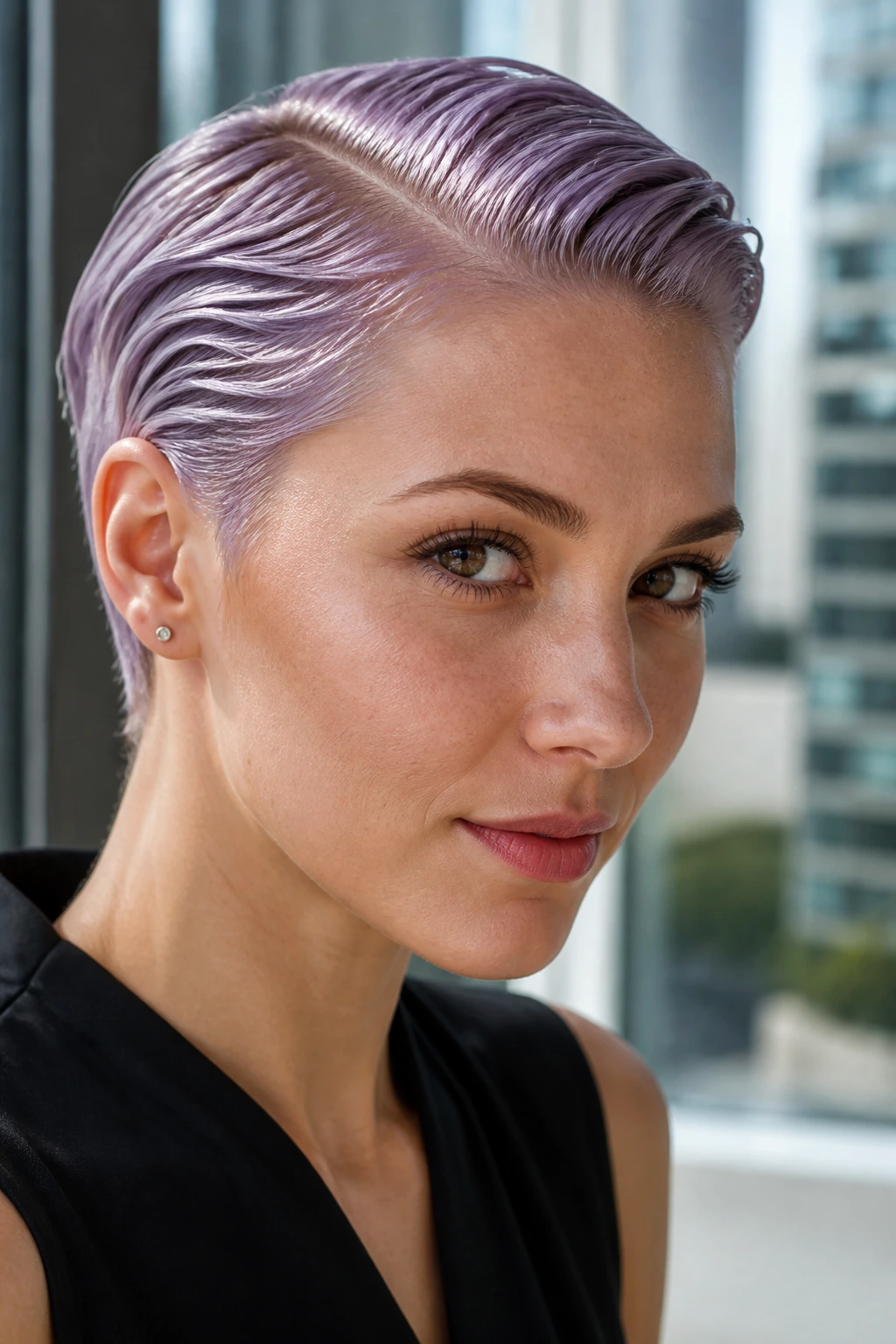 Real woman with lavender wet look pixie hairstyle in office daylight