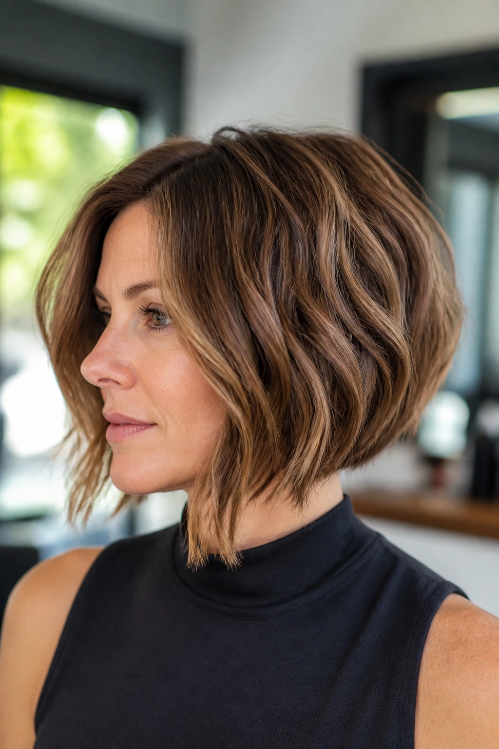 Close-up of a real woman with a layered A-line bob in a contemporary salon
