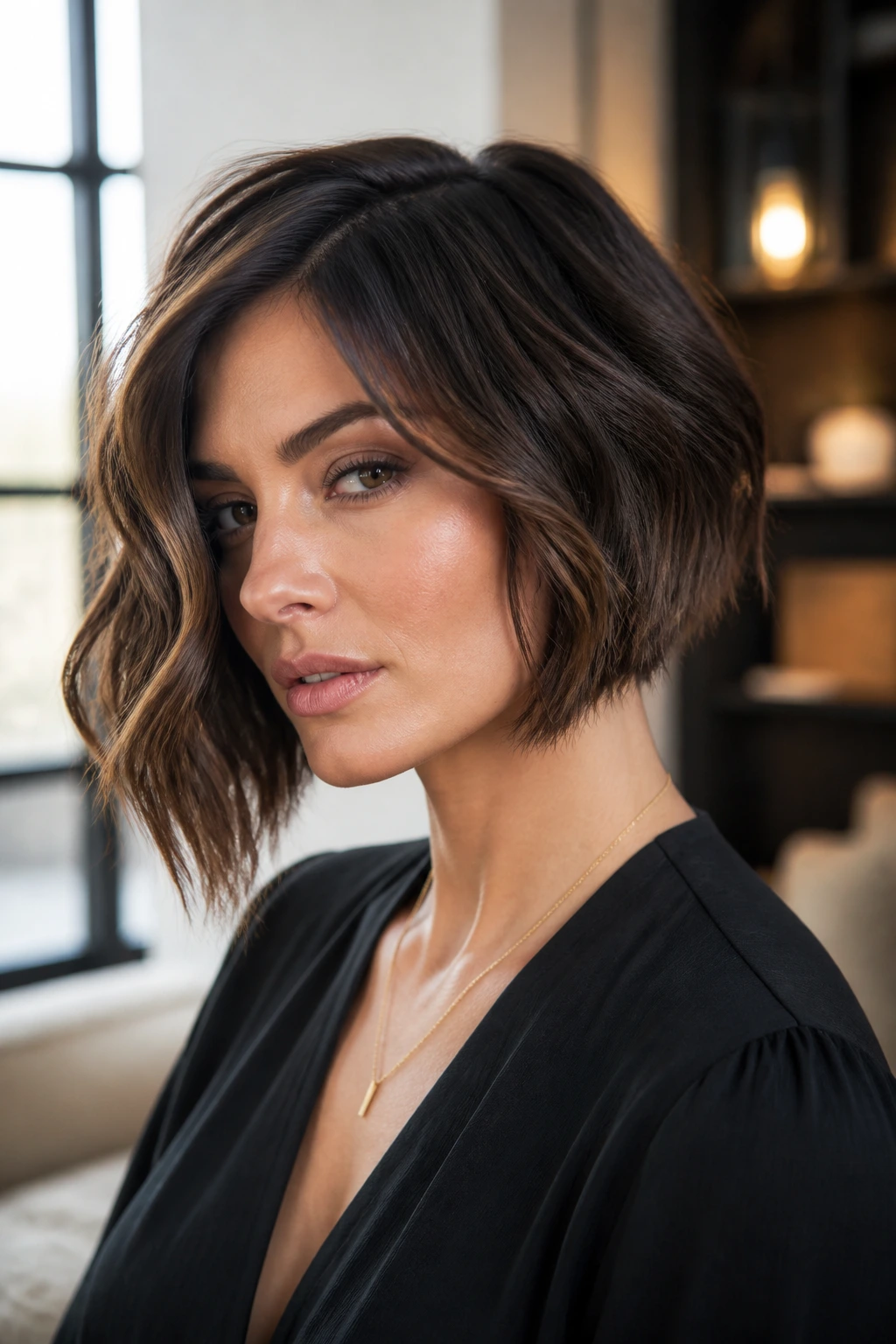 Portrait of a person with a layered angled bob in a modern interior
