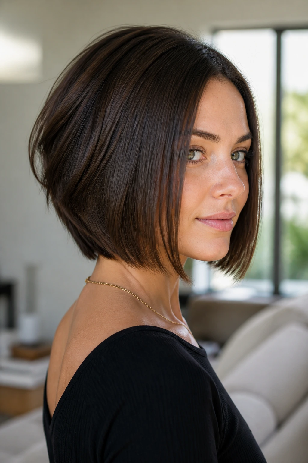 Close-up portrait of a real woman with layered back and blunt front bob