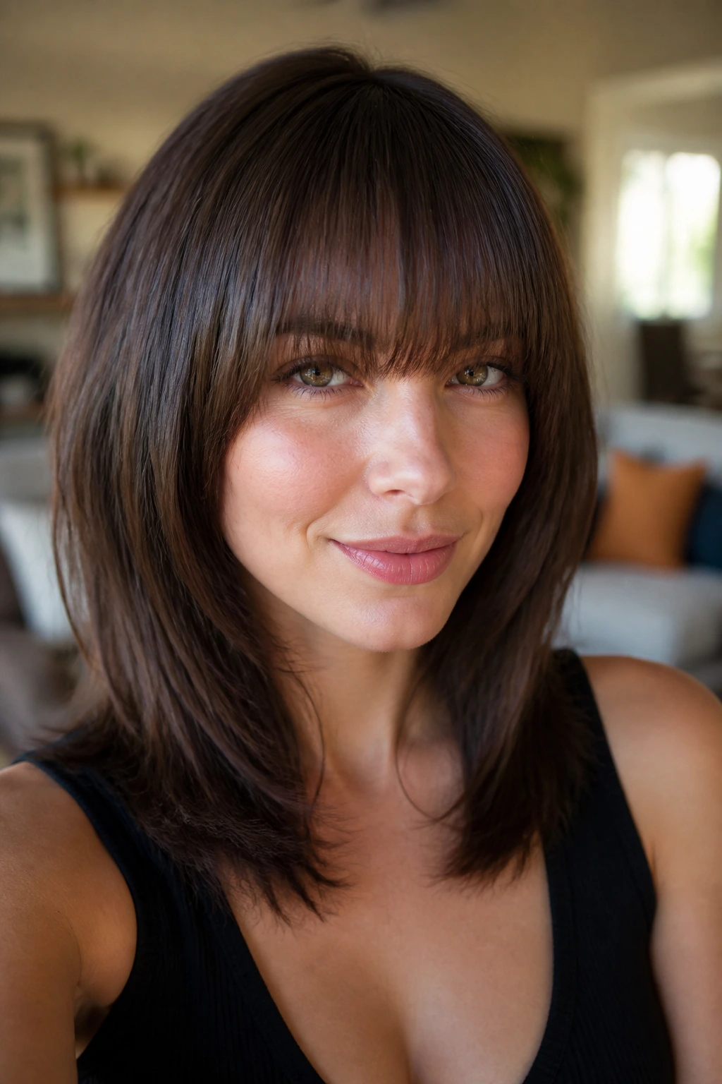 Close-up of a real person wearing layered straight-across bangs with a shorter under-layer