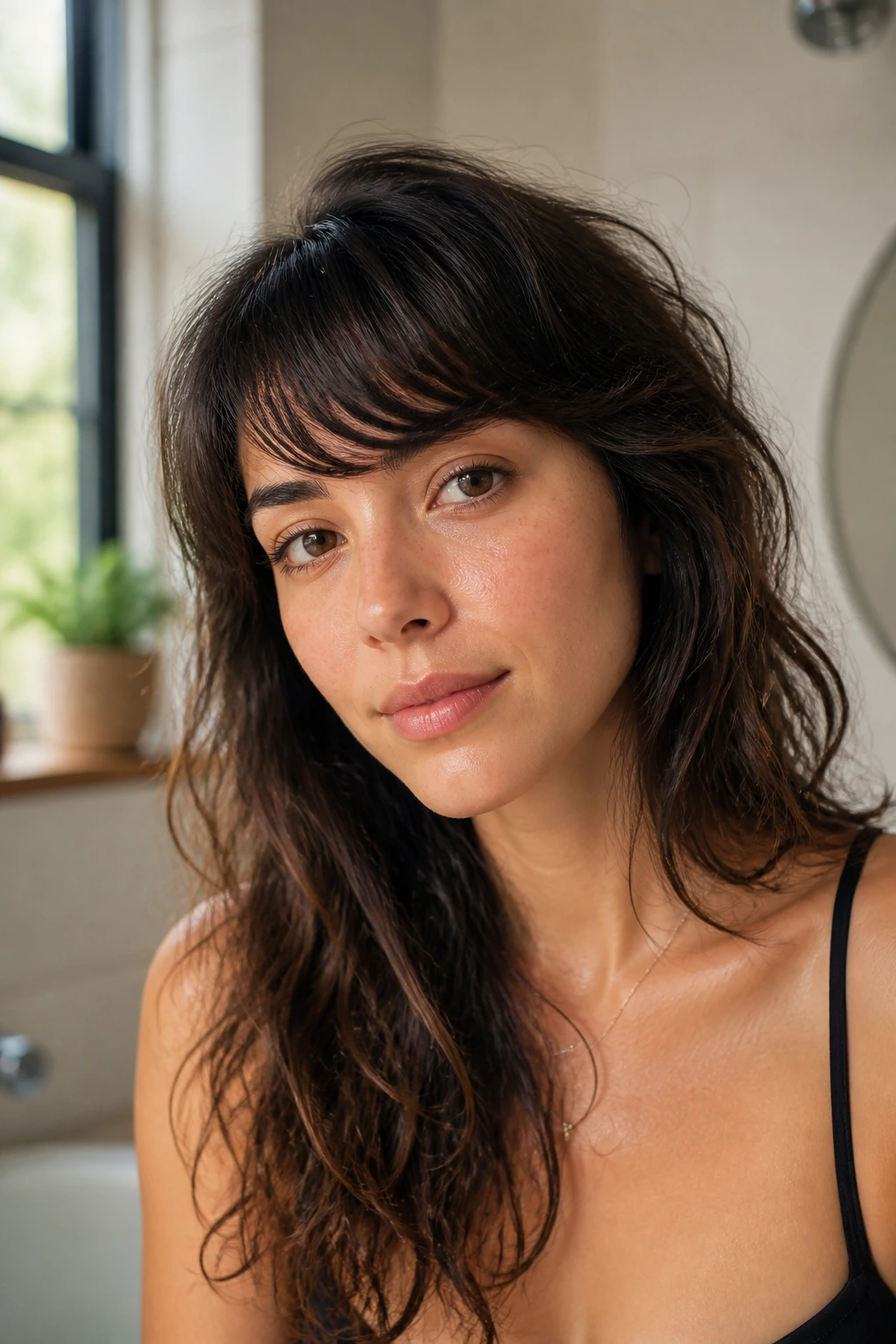 Close-up of a real woman with layered bangs on frizzy hair styled to the side