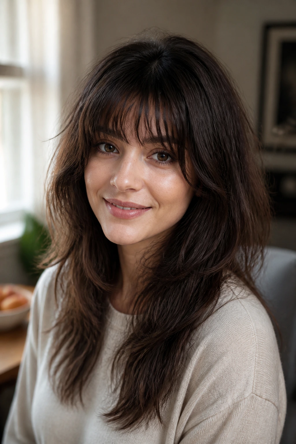 Portrait of a real person with layered bangs in a warm home setting