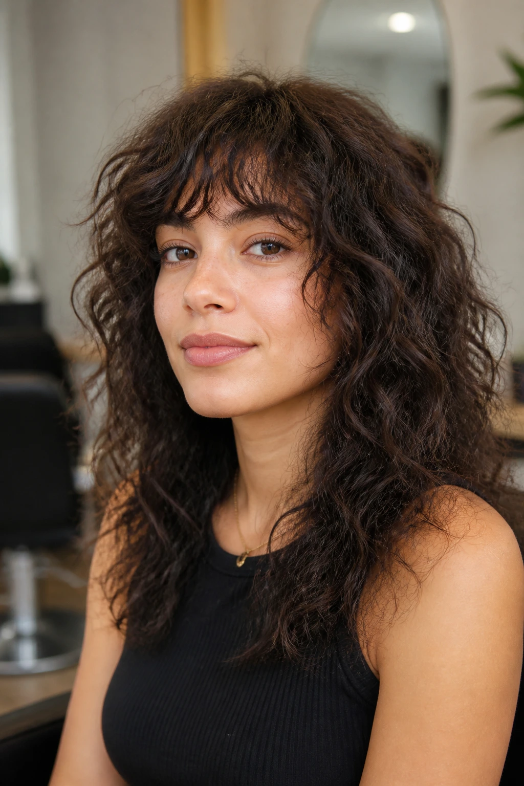 Close-up portrait of a real person with textured hair and layered bangs