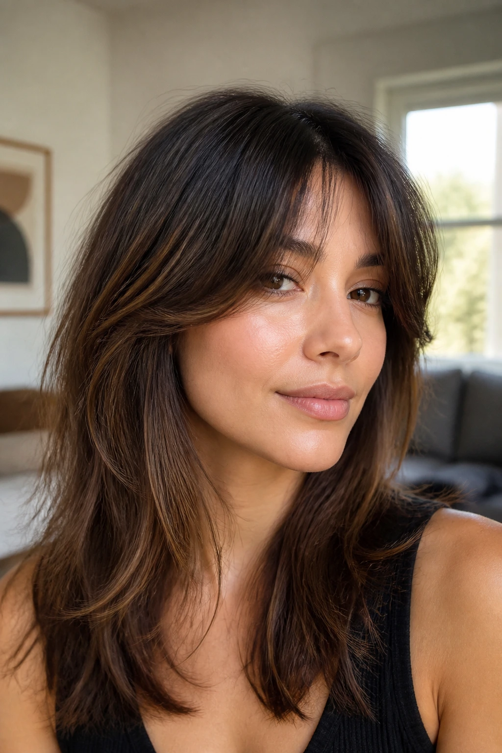Real person with seamless blend layered bangs in soft natural light