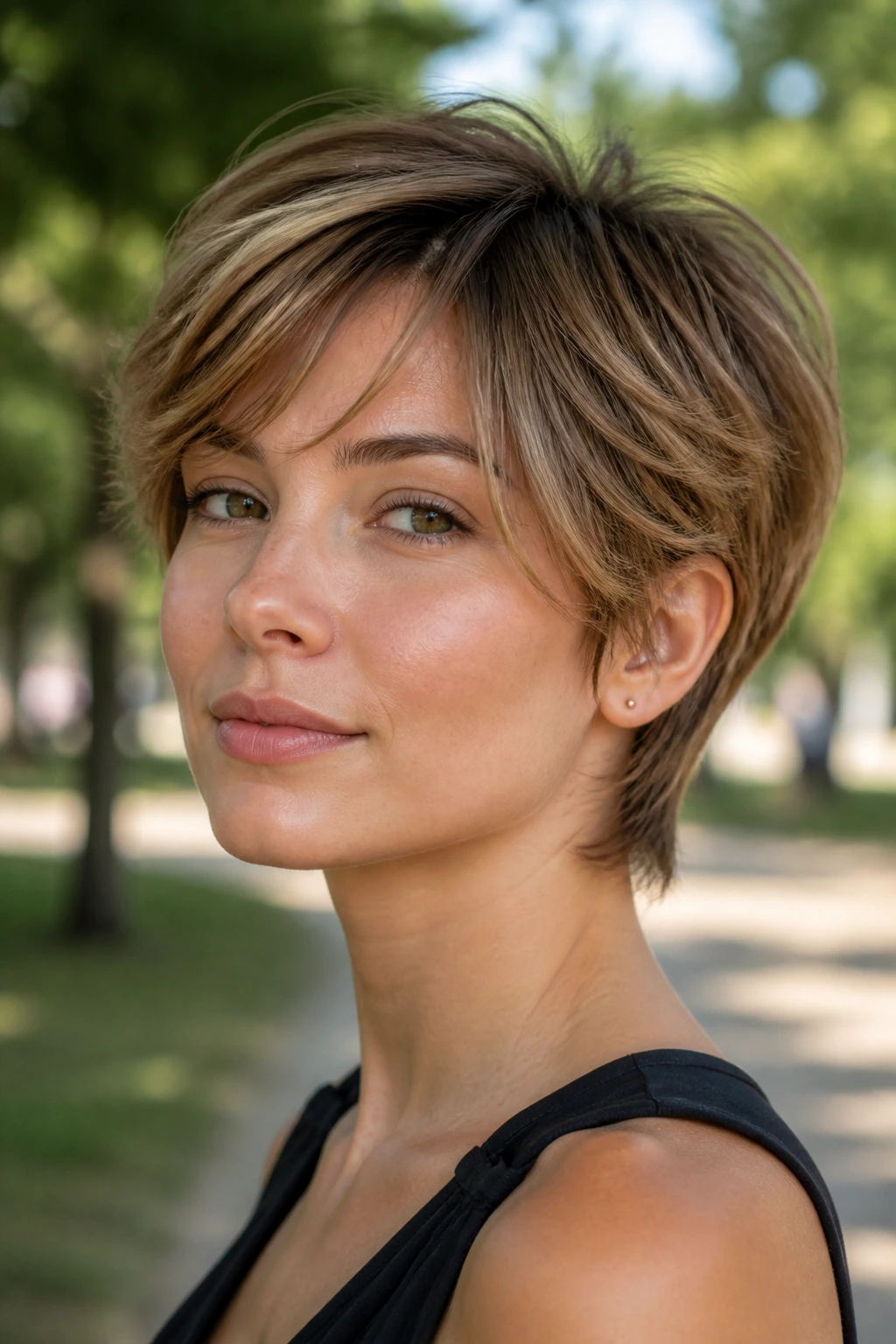 Close-up portrait of a real woman with Layered Bixie Cut in natural daylight outdoors