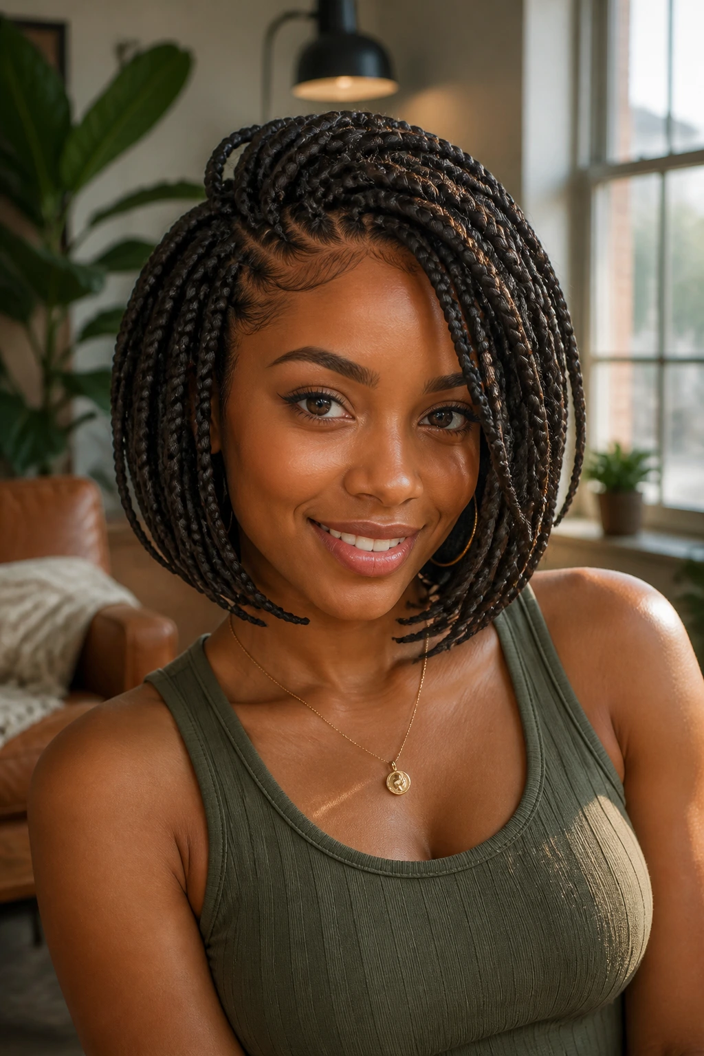 Portrait of a real person with layered bob braids showing crown-to-nape movement.