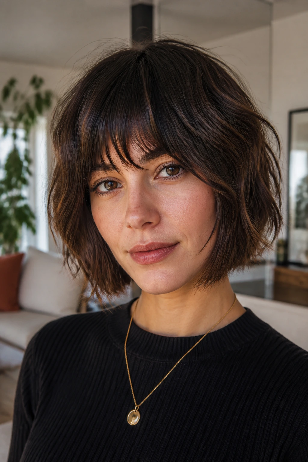 Close-up portrait of layered bob with choppy fringe on a real person