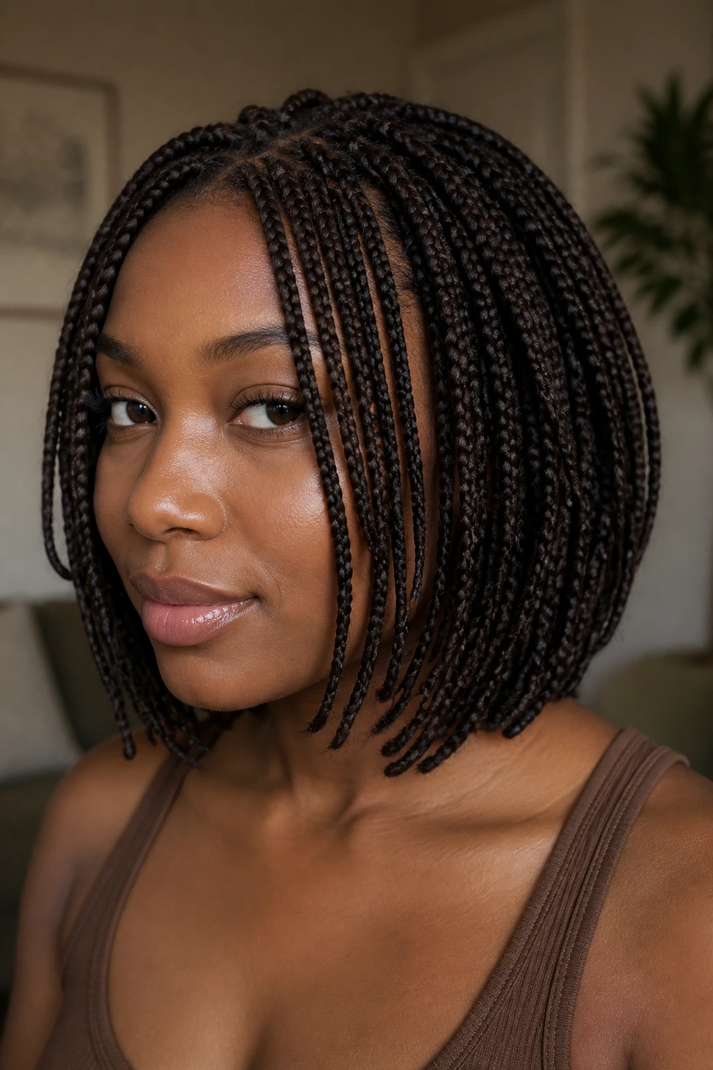 Real woman with layered bob braid fills frame in warm living room lighting