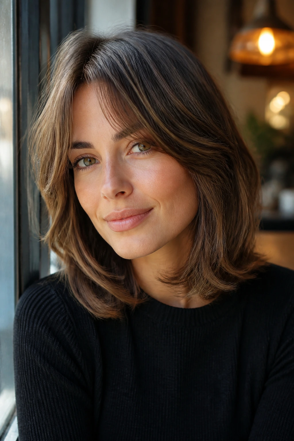 Close-up of a woman with curtain bangs and layered bob in a cafe setting