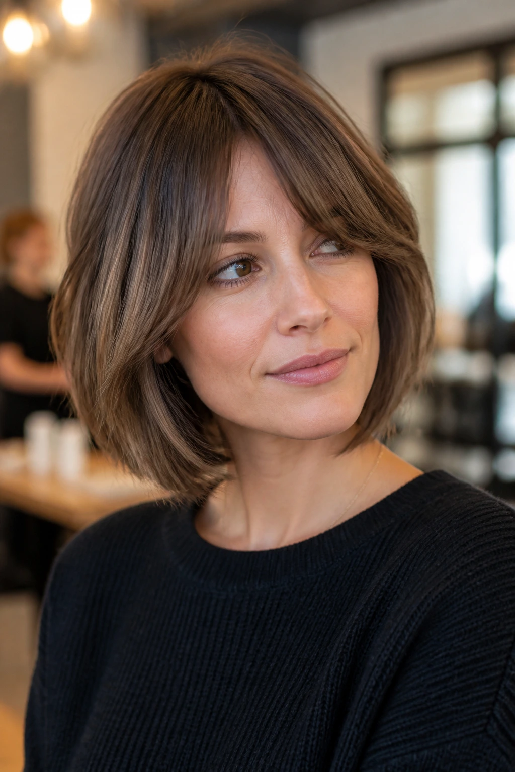 Close-up of a real woman with a textured layered bob