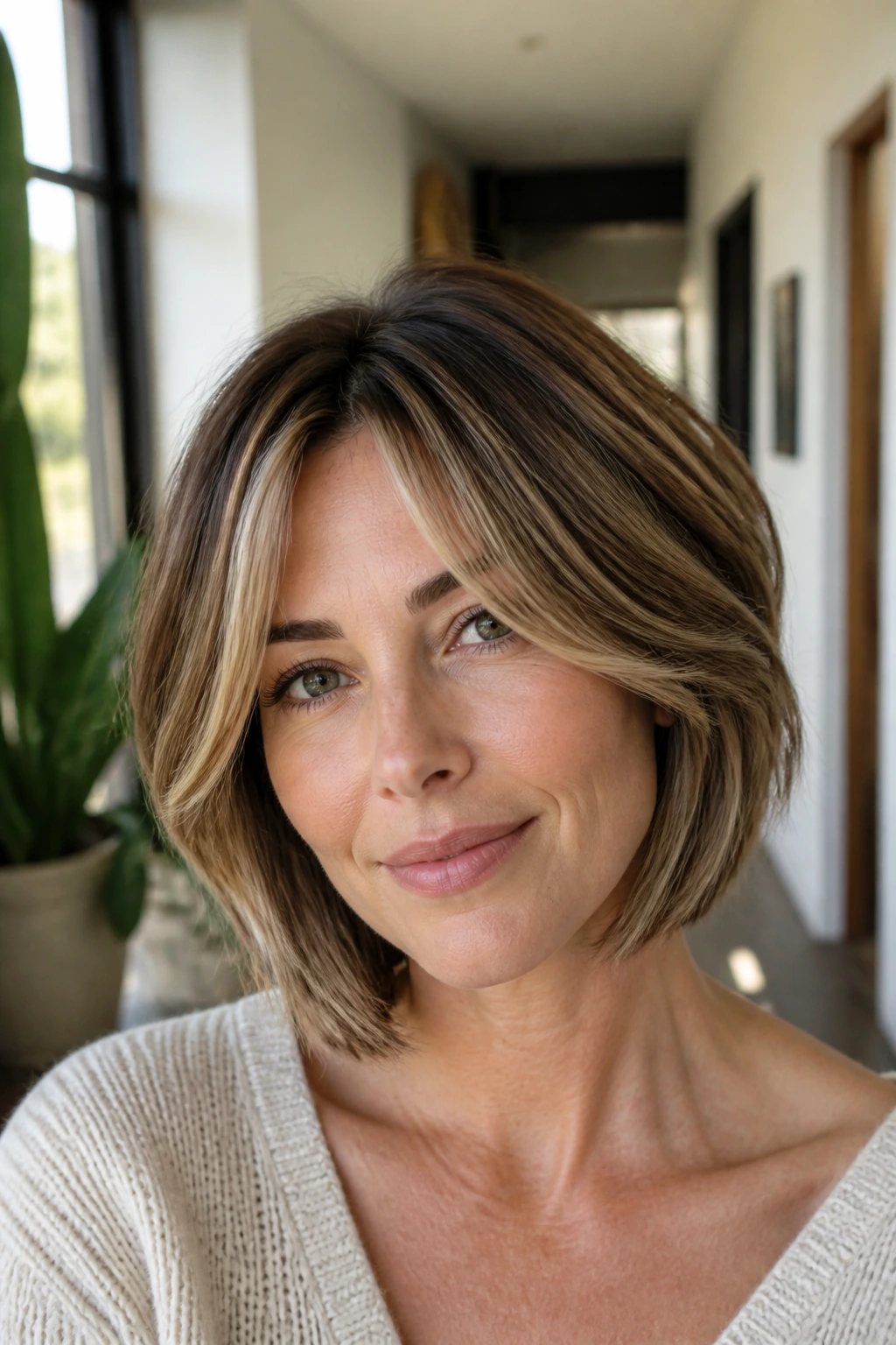 Close-up portrait of a real woman with layered bob and face-framing highlights
